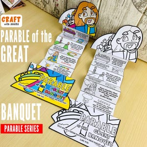 Może przedstawiać: Dwa kolorowe rękodzieła z papieru z tekstem "Parable of the Great Banquet" i "Parable Series". Jeden jest kolorowy, przedstawiający Jezusa, a drugi to czarno-biały kontur. Rękodzieła zawierają ilustracje i tekst z Łukasza 14:16-23.