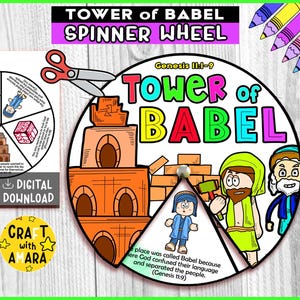 Tower of Babel Spinner Coloring Wheel, Bible Activity, Kids Bible Lesson Study, Sunday School Craft, Bible Story, Memory Games, Genesis