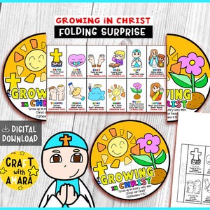 Puede incluir: Un proyecto de manualidades ilustrado y colorido con el texto "Growing in Christ" y "Folding Surprise". El diseño incluye un sol sonriente, una flor y varios símbolos religiosos. También son visibles las palabras "Digital Download" y "Craft with Amara".