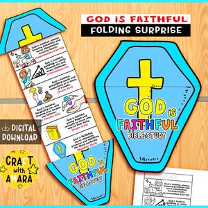 Puede incluir: Una colorida manualidad de estudio bíblico ilustrada con el texto "Dios es Fiel". El diseño incluye una sorpresa plegable con versículos bíblicos y una cruz, junto con las palabras "Estudio Bíblico" y "Descarga Digital".