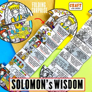 Könnte beinhalten: Ein farbenfrohes, illustriertes Bastelprojekt mit der Aufschrift "Salomons Weisheit". Das Projekt zeigt ein kreisförmiges Design mit einem ausgeschnittenen Bereich, der einen Streifen illustrierter Tafeln mit Text freilegt. Der Text enthält Bibelverse.