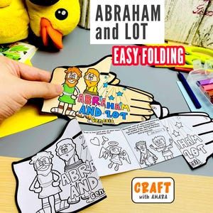 Puede incluir: Una actividad de manualidades en papel con un folleto plegable en forma de mano titulado Abraham and Lot. El diseño incluye ilustraciones a color de dos figuras y dibujos de líneas en blanco y negro para colorear, con escenas bíblicas, estrellas y texto.