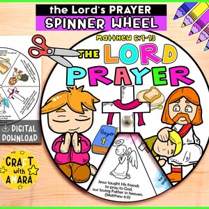 The Lord&#39;s Prayer Spinner Coloring Wheel, Bible Activity, Kids Bible Lesson Craft, Sunday School, Memory Games, Bible Verse, Praying Jesus