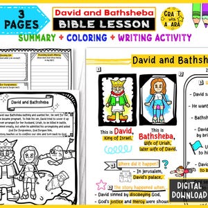 May include: A colorful Bible lesson worksheet titled "David and Bathsheba" with illustrations and text. The pages include summaries, coloring activities, and writing prompts. The text includes "3 PAGES" and "DIGITAL DOWNLOAD".