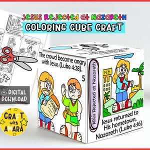 以下が含まれることがあります： Jesus Rejected at Nazareth Coloring Cube Craftというタイトルのペーパークラフトキューブ。聖書の場面を描いた漫画風のイラストと、The crowd became angry with Jesus Luke 4:28やJesus returned to His hometown Nazareth Luke 4:16などのテキストが印刷されています。