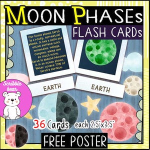 36 maanstanden flash-kaarten en informatiebladen, astrologie wetenschap flashcards, homeschool klaslokaal afdrukbaar montessori materiaal leren