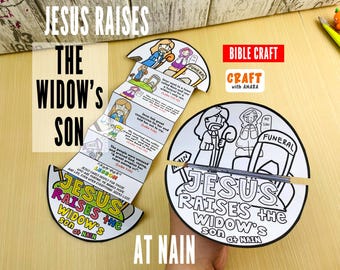 Puede incluir: Una manualidad bíblica titulada "Jesús resucita al hijo de la viuda en Naín". La manualidad incluye un papel plegable con ilustraciones y texto, y un dibujo circular de Jesús y otros en un funeral. También se ven las palabras "Bible Craft" y "Craft with Amara".