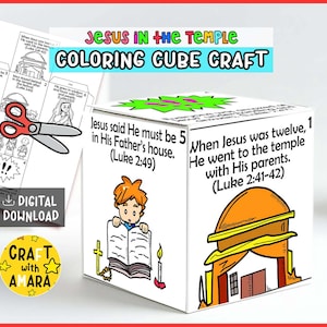 Jesus in the Temple Coloring Cube Craft, Memory Games, Bible Craft for Kids, Bible Study Lesson, Sunday School Activity, New Testament