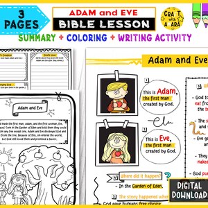 May include: A digital download titled "Adam and Eve Bible Lesson" with summary, coloring, and writing activities. The pages feature illustrations of Adam and Eve, text boxes, and the words "Digital Download."