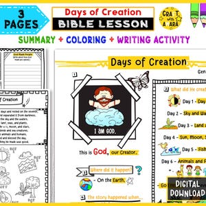 May include: A colorful educational printable titled "Days of Creation Bible Lesson" with summary, coloring, and writing activities. The image includes illustrations of God, the Earth, and various elements of creation, with text such as "I AM GOD."