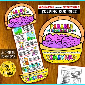 May include: A colorful paper craft titled "Workers in the Vineyard Folding Surprise." The design features a basket with grapes and text, along with a pull-out strip illustrating a Bible story. Includes the text "Digital Download."