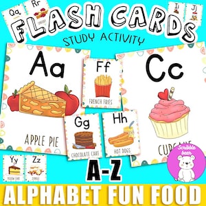 26 Alphabet Fun Food Flash Cards, ABC Flash Cards, Colorful Learning Toys ABC Cards, Alphabet Letters Preschool Educational Montessori Toy