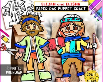 May include: A colorful paper bag puppet craft featuring the characters Elijah and Elisha. The puppets are depicted with cartoon-style illustrations, with the text "ELIJAH and ELISHA PAPER BAG PUPPET CRAFT" at the top. The image also includes a "DIGITAL DOWNLOAD" label.