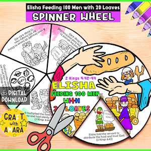 May include: A colorful spinner wheel craft with the text "Elisha Feeding 100 Men with 20 Loaves." The wheel features illustrations of bread, people, and Bible verses. Includes a pair of scissors and a "Digital Download" sticker.