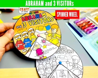 May include: A circular paper spinner wheel craft titled Genesis ABRAHAM and 3 VISITORS, featuring colourful cartoon illustrations of figures, bread, and a pitcher. A second black and white version of the same spinner wheel is positioned below it.