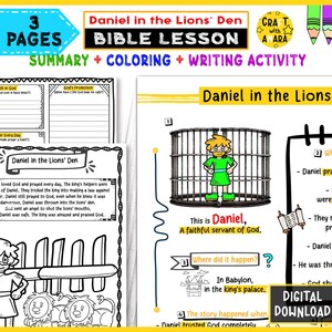 May include: A digital download Bible lesson titled "Daniel in the Lions' Den." The lesson includes a summary, coloring pages, and a writing activity. The image features illustrations of Daniel, a cage, and text.