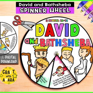 David and Bathsheba Spinner Coloring Wheel, Bible Activity, Kids Bible Lesson Study, Sunday School Craft, Bible Story, Memory Games
