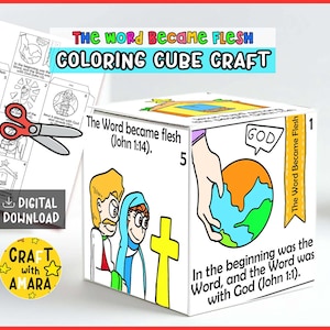 Op de afbeelding: Een printbare kleurkubus met de titel The Word Became Flesh. De kubus bevat zwart-wit lijntekeningen van bijbelse scènes, waaronder een wereldbol, een kruis en figuren, met tekstverwijzingen naar Johannes 1:1 en Johannes 1:14.