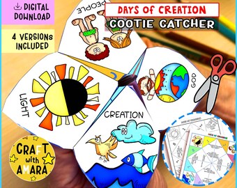 May include: A colorful, folded paper cootie catcher with illustrations of the days of creation. The text "DAYS OF CREATION COOTIE CATCHER" is displayed. The image also includes the text "DIGITAL DOWNLOAD" and "4 VERSIONS INCLUDED".