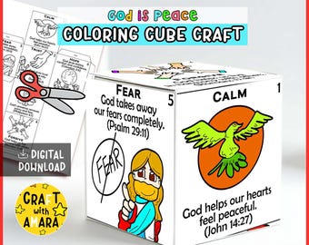 May include: A white cube craft with the text "God is Peace COLORING CUBE CRAFT". The cube features illustrations and text about fear and calm, with Bible verses. A pair of scissors and a "DIGITAL DOWNLOAD" graphic are also visible.