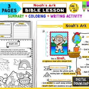 May include: A colorful educational worksheet titled "Noah's Ark Bible Lesson" with summary, coloring, and writing activities. The pages feature illustrations of Noah, the ark, animals, and a rainbow, with text boxes for learning.
