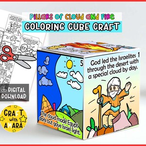 May include: A colorful cube craft with illustrations and text about the Israelites. The cube features images of a cloud, sun, and figures, with text that reads "God led the Israelites through the desert." Includes a digital download option.