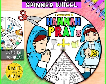 Puede incluir: Una colorida rueda giratoria con el texto "Hannah Prays" y "Spinner Wheel". La rueda presenta ilustraciones de escenas y personajes bíblicos, con el texto "I Samuel 2". Incluye unas tijeras y las palabras "Descarga digital".
