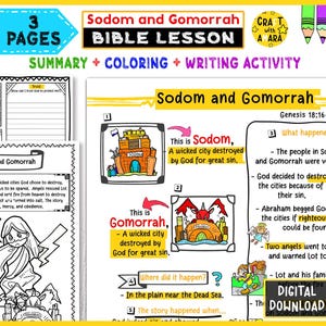 May include: A colorful Bible lesson worksheet about Sodom and Gomorrah. The pages include summaries, coloring activities, and writing prompts. The title is in bold yellow and black text. The worksheet includes illustrations of the cities and related biblical figures.