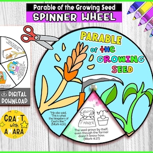 May include: A colourful spinner wheel with the text "Parable of the Growing Seed." The wheel features illustrations of wheat, a farmer, and text from Mark 4:26-27. Includes a smaller wheel and scissors.