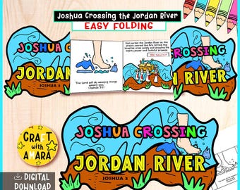 Può includere: Un download digitale colorato per l'artigianato con il testo "Joshua Crossing the Jordan River", che illustra il fiume e scene bibliche. Include il testo "Easy Folding" e "Digital Download".
