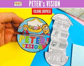 May include: A circular paper craft titled Peter's Vision featuring a colourful illustration of a man and animals on a sheet. The craft includes a folding surprise element with black and white line art panels containing text and drawings about a biblical story.