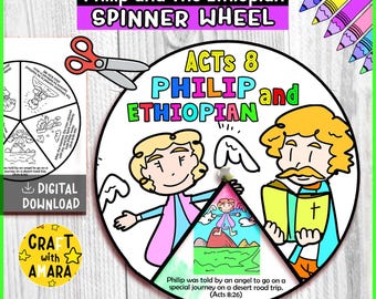 May include: A colorful spinner wheel with the text "Philip and The Ethiopian" and "Acts 8". The wheel features cartoon illustrations of Philip and the Ethiopian, with a Bible and angel. Includes a "Digital Download" label.