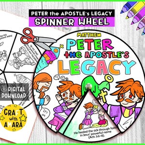 May include: A colorful, illustrated spinner wheel with the text "PETER the APOSTLE'S LEGACY" and "SPINNER WHEEL." The wheel features cartoon illustrations of Peter and Bible verses. Includes the text "DIGITAL DOWNLOAD" and "CRAFT with AMARA."