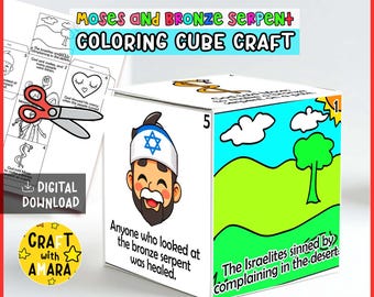 Può includere: Un cubo da colorare a tema Mosè e il serpente di bronzo, con un modello in carta, forbici e un cubo 3D assemblato. Il cubo presenta illustrazioni di Mosè, un paesaggio desertico e il testo "The Israelites sinned by complaining in the desert."