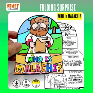 May include: A paper folding craft titled Who is Malachi featuring a cartoon prophet with a brown beard holding a scroll. The design includes text sections labeled Who, Story, Mission, and Lesson, with icons for digital, US Letter, and color or black and white.