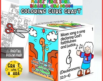 Moses’ Final Song, Blessing, and Death Coloring Cube Box Bible Craft: Memory Games, Bible Study Lesson, Sunday School Activity, Christian