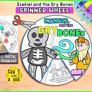 Puede incluir: Una colorida manualidad de rueda giratoria con el texto "Ezekiel and the Dry Bones". La rueda presenta un esqueleto, un hombre e ilustraciones de huesos. También son visibles las palabras "Digital Download" y "Craft with Amara".