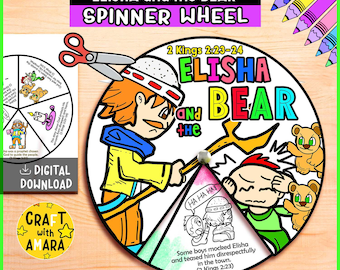 May include: A colorful spinner wheel with the text "ELISHA and the BEAR" and illustrations of characters and bears. The wheel includes the text "DIGITAL DOWNLOAD" and "CRAFT with AMARA". The spinner is designed for educational purposes.
