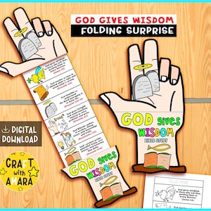 Puede incluir: Un proyecto de manualidades ilustrado y colorido con el texto "GOD GIVES WISDOM BIBLE STUDY". El diseño presenta una forma de mano con versículos bíblicos e imágenes, incluyendo una paloma, un pergamino y un libro abierto. El texto "DIGITAL DOWNLOAD" también es visible.