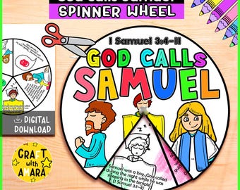 以下が含まれることがあります： イラストとテキストが入った、カラフルな「神はサムエルを呼ぶ」スピナーホイールクラフト。デザインには、中央のピンが付いた円形のホイール、小さなホイール、「DIGITAL DOWNLOAD」と「CRAFT with AMARA」という言葉が含まれています。