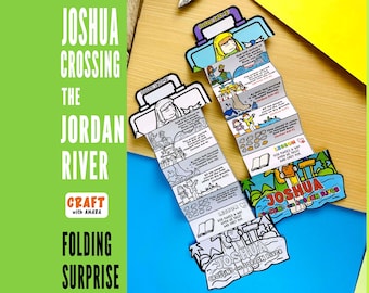 Può includere: Due lavoretti di carta pieghevoli con illustrazioni e testo su Giosuè che attraversa il fiume Giordano. I lavoretti hanno una parte superiore a forma di manico e si aprono per rivelare una storia. Il testo include "Joshua Crossing the Jordan River".