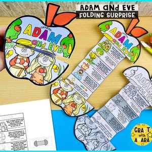 Op de afbeelding: Een kleurrijk, geïllustreerd knutselproject met het verhaal van Adam en Eva. Het appelvormige ontwerp ontvouwt zich en onthult scènes en tekst uit Genesis. De tekst luidt "ADAM and EVE FOLDING SURPRISE" en "CRAFT with AMARA".