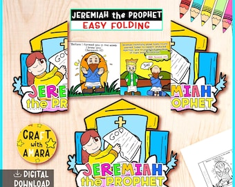 Op de afbeelding: Een kleurrijke digitale download met illustraties en tekst over Jeremia de Profeet. Het ontwerp bevat cartoonfiguren, de woorden "Jeremia de Profeet" en de zin "Easy Folding". Een ronde sticker met de tekst "Craft with Amara" is ook zichtbaar.