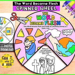Op de afbeelding: Een kleurrijk spinnerwiel met de tekst "The Word Became Flesh" en bijbelverzen. Het ontwerp bevat cartoonillustraties, een schaar en de woorden "DIGITAL DOWNLOAD" en "CRAFT with AMARA".