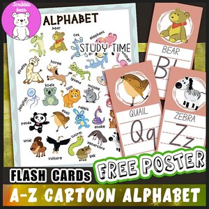 26 A-Z Cartoon Animals Alphabet Flashcards, ABC Flash Cards, Kids Colors Alphabet, Homeschool Montessori A-Z Cards Beginning Sounds Learn