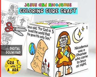 Puede incluir: Un cubo de papel para colorear con ilustraciones de Jesús y Nicodemo con texto que incluye, "Jesus said, 'For God so loved the world that He gave His only Son.'" y "Nicodemus was a Pharisee who came to Jesus at night." Incluye una plantilla plana.