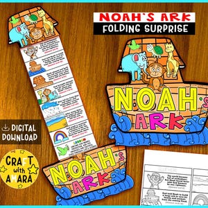 May include: A colorful paper craft featuring a Noah's Ark theme. The design includes an ark shape with animals, waves, and the text "Noah's Ark." A folding surprise element displays Bible verses and illustrations. The words "Digital Download" are also visible.