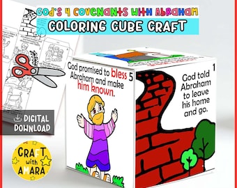 May include: A white cube craft with colorful illustrations and text about God's covenants with Abraham. The cube features images of Abraham and text like "God promised to bless 5 Abraham and make him known." Also included is a digital download.