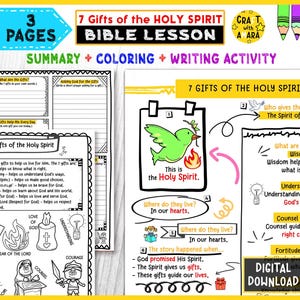 Könnte beinhalten: Ein digitales Download-Material mit dem Titel "7 Gifts of the Holy Spirit Bible Lesson". Das Bild zeigt eine grüne Taube, Flammen und Textfelder mit Informationen über den Heiligen Geist und seine Gaben. Enthält Zusammenfassungs-, Mal- und Schreibaktivitäten.