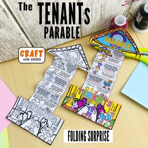 Puede incluir: Una actividad de manualidades en papel titulada The Tenants Parable, que presenta dos tiras plegadas en acordeón con ilustraciones de líneas en blanco y negro y texto, junto a una versión coloreada, tijeras verde brillante y carretes de hilo.